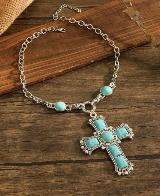 Aqua Mare Cross Necklace 