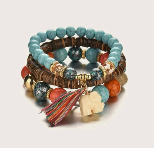 Elephant Charm Tassel 3 Piece Beaded Bracelet